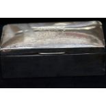 Silver cigarette box, some bruises, dents & bends Weight 592g - wooden liner Length 17 cm