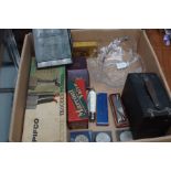 Box of vintage items to include a Hohner mouth org