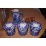 3x Spode sugar, tea, coffee containers, Fenton blu