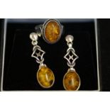 Silver & amber ring & earing set