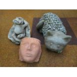 Very heavy stoneware cat, frog & terracotta head