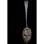 Early silver fruit spoon with crowned leopards hea