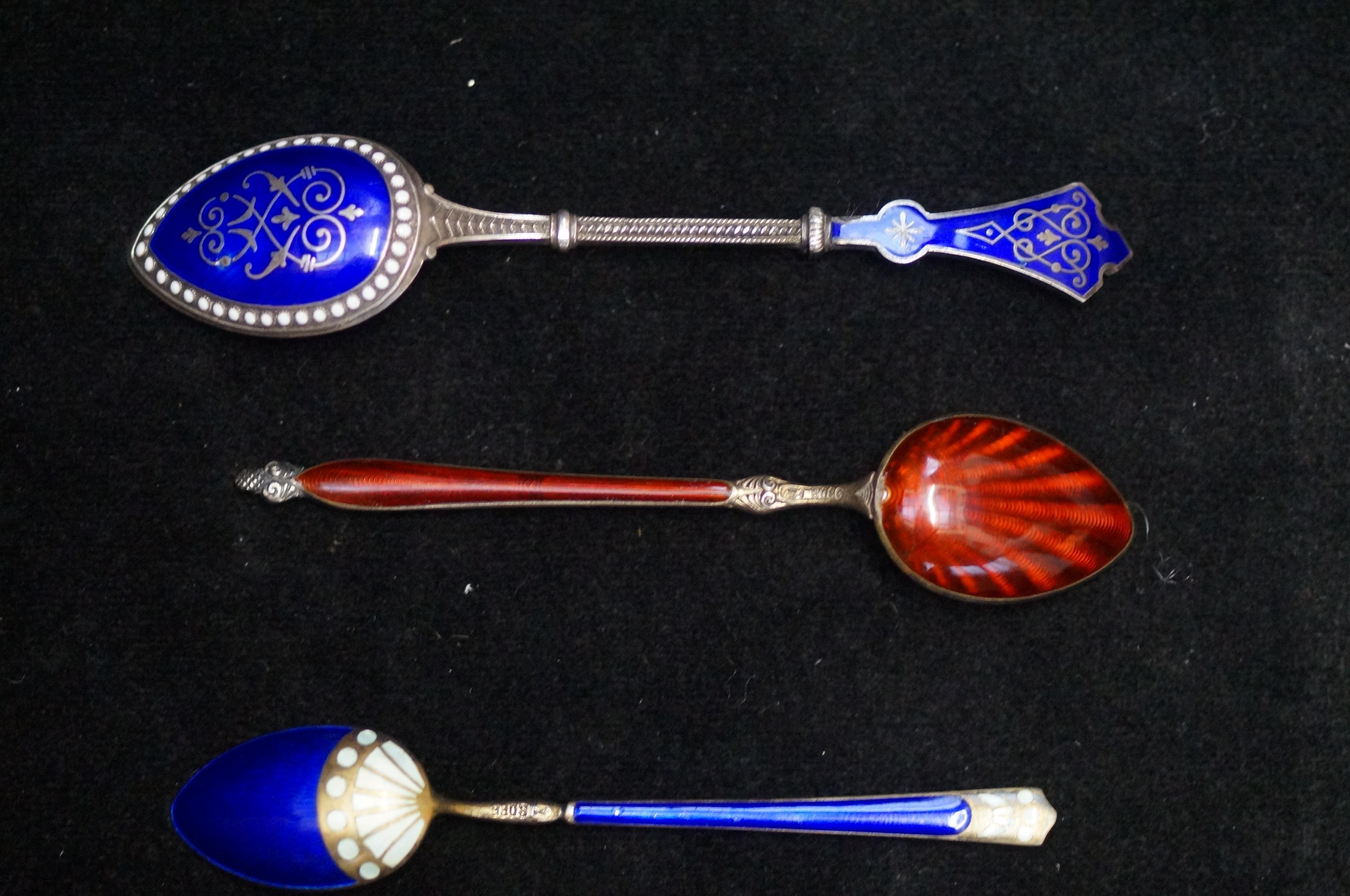 3 x Silver and Enamel Spoons