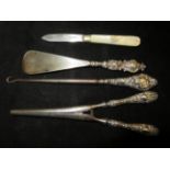 Victorian silver handled glove stretchers/button h