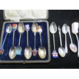 Collection of silver & enamel spoons together with