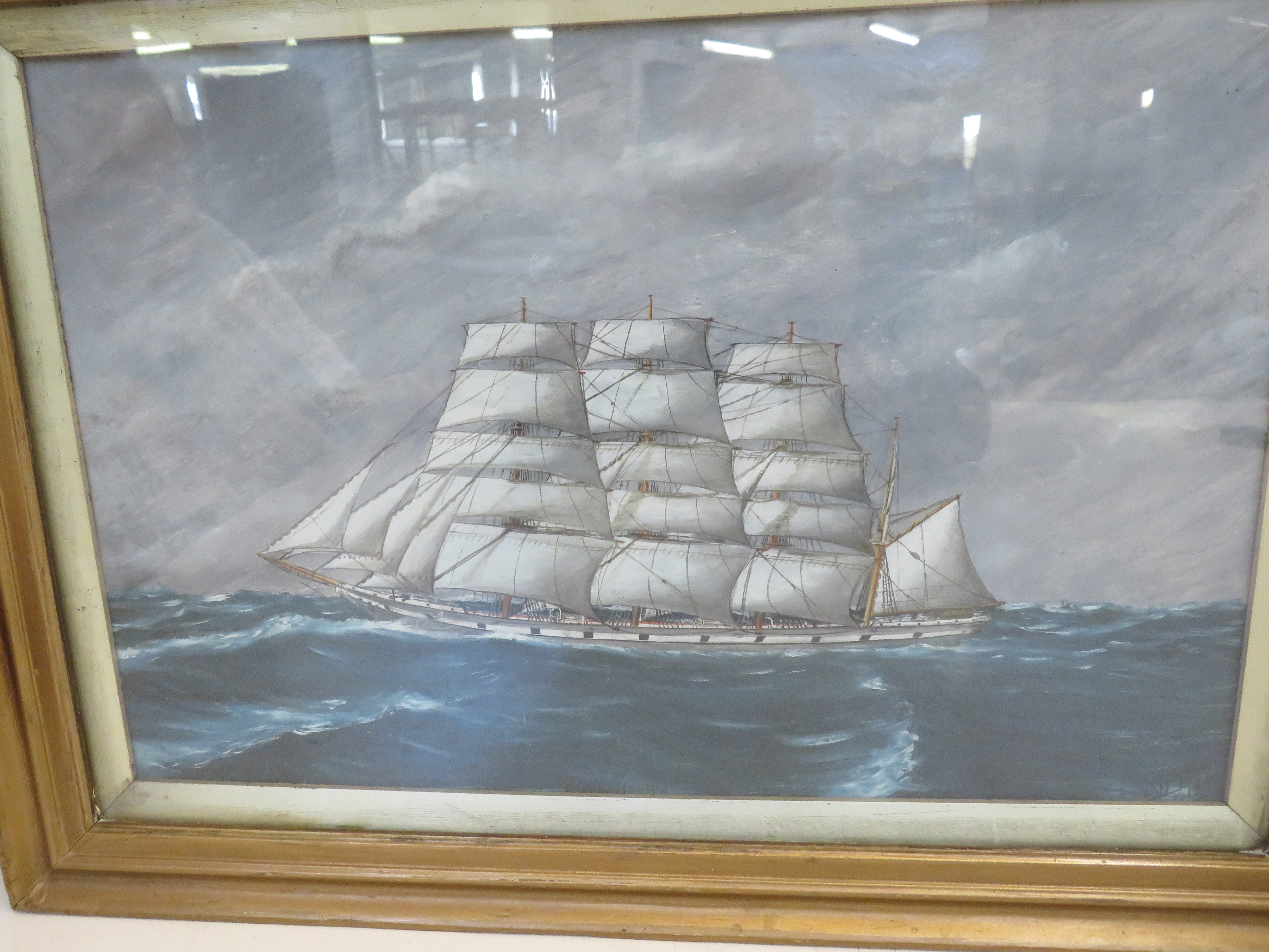 Framed oil schooner close hauled signed E.W Poyser