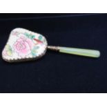 Oriental white metal hand mirror with jadeite hand