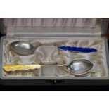 Cased set of 2 silver and enamel spoons