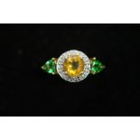 9ct Gold Ring Orange & green Stones + Diamonds Siz