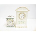 A ceramic Belleek Mantle Clock together with a Por