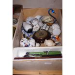 A box of ceramics to include 2 model trains