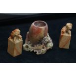 Pair of soapstone foo dogs together with a spill h