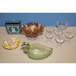 Glass ware, china cruet and a box