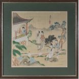 A framed antique Chinese painting on silk depicting elegant ladies in a garden fully signed, 18" x