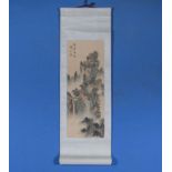 A Chinese miniature painted scroll on paper, depicting a river landscape fully signed with artists