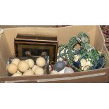 A box of assorted items including cash box, tiebacks, eggs