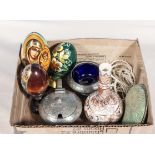 Three wooden eggs, pewter salts, Chinese perfume bottle and a compact