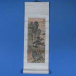 A Chinese miniature painted scroll on paper, depicting a river landscape fully signed with artists