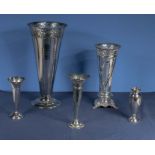Five Silver plated vases
