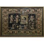 Large framed Oriental embroidery with cushioned figures set with stones and beadwork