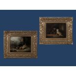 Paul Jones 1857 - A pair of ornate gilt framed oils on canvas depicting terrier dogs ratting,