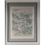 A framed Chinese watercolour drawing of a mountain landscape, signed with character marks and red