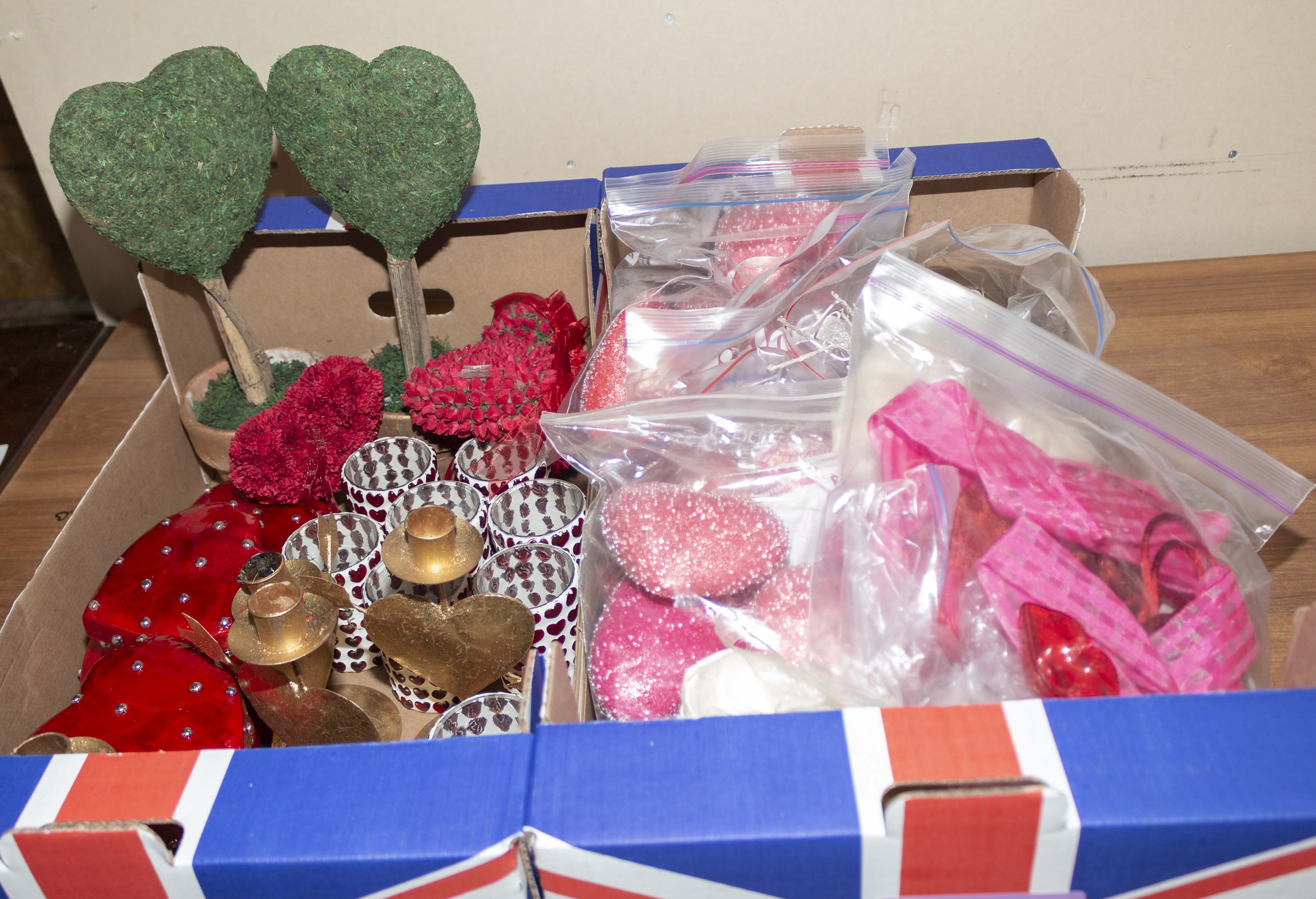 Two boxes of St Valentine's Day decorations