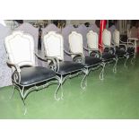 A set of 6 metal 1950's designer dining chairs, faux leather seats painted backs.