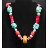 Old tribal Afghani necklace with faux amber, red coral, turquoise and coin silver