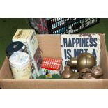 A box containing vintage tins, copper ware and other items