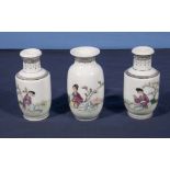 A set of three Chinese miniature Famille Rose Republican period vases, decorated with girls in a