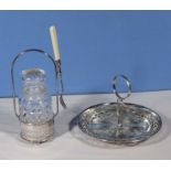 A silver plated pickle jar and a cake plate