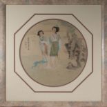 A framed Chinese watercolour of ladies in a garden