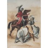 An unframed watercolour on paper of a crusader and Saracen, unsigned, 9" x 13"