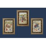 A set of three framed Persian paintings on cloth depicting tiger hunting scenes, 10" x 13"