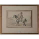A framed illustration of a drawing of a man on horseback