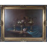 A large gilt framed oil on canvas of a still life signed John Hutchinson