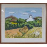 A large framed print of a rural scene
