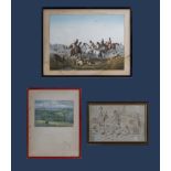 Three framed prints depicting hunting scenes