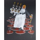 A large unframed oil on canvas depicting a wine waiter