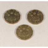 Three threepence pieces 1944 and 1937, uncirculated