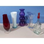 Four art glass vases and a decanter