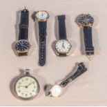 Five wrist watches and a pocket watch