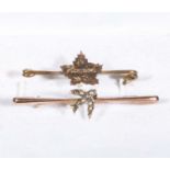 A bird with seed pearls pin/bar brooch together with another with a leaf and Hawick printed