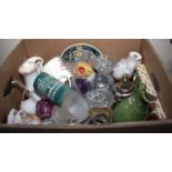 A box of assorted pottery and glass