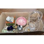 A box containing pottery, glass and other items