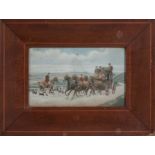 A small framed watercolour of a hunt and stagecoach scene