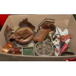 A box containing copper ware and other items