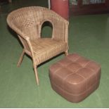 A wicker chair and a pouffe