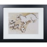 A framed print by Joseph Crawhall 'Fox Terrier and Puppies'